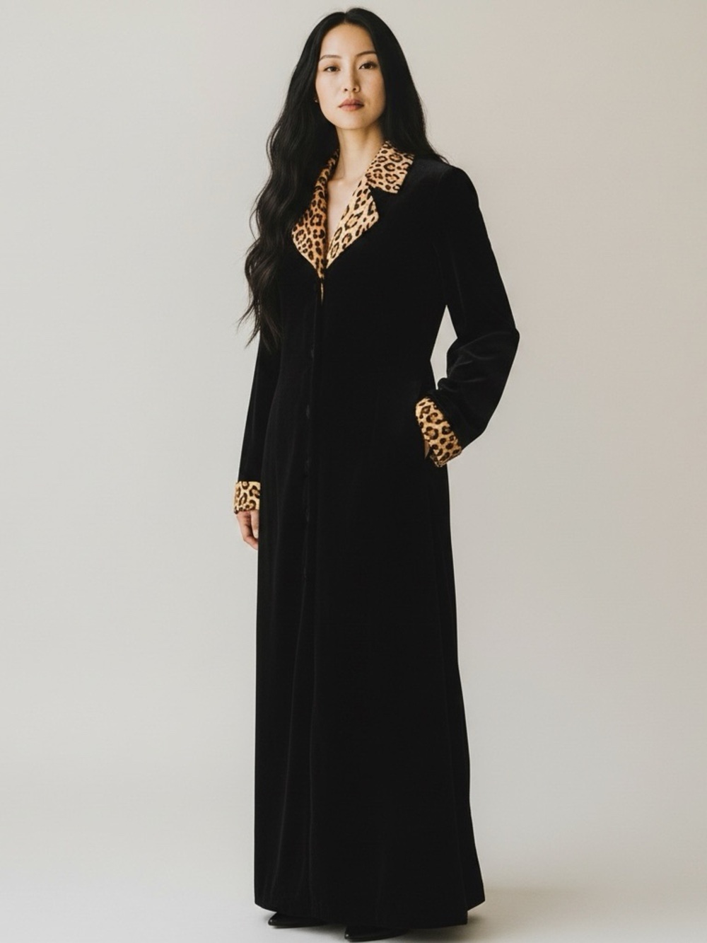 VINTAGE CHRISTIAN DIOR Black Velvet MAXI Coat Leopard Print Trim